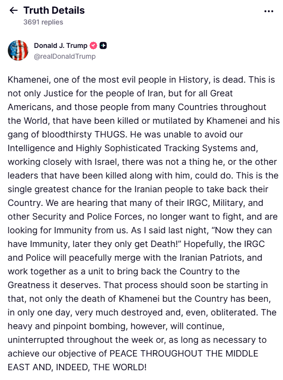 Ο Τραμπ πιστεύει ότι οι πληροφορίες για τον θάνατο του Χαμενεΐ είναι σωστές
