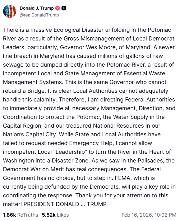 ΗΠΑ: Διαρροή λυμάτων στον ποταμό Ποτόμακ – Εντολή Τραμπ στις ομοσπονδιακές υπηρεσίες να παρέμβουν