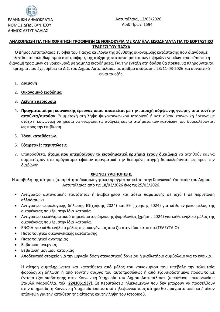 Δήμος Αστυπάλαιας: Διανομή τροφίμων σε νοικοκυριά με χαμηλά εισοδήματα για το Πάσχα