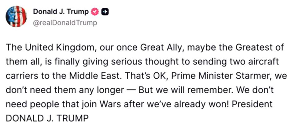 Ο Τραμπ σχολιάζει τον πόλεμο με το Ιράν μέσω των αναρτήσεών του στο Truth Social