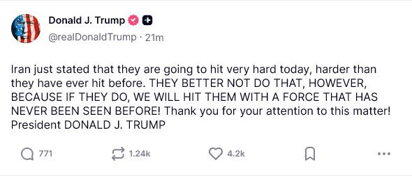 Ο Τραμπ προειδοποιεί το Ιράν να μην κλιμακώσει – «Θα απαντήσουμε με δύναμη που δεν έχει ξαναδεί ο κόσμος»