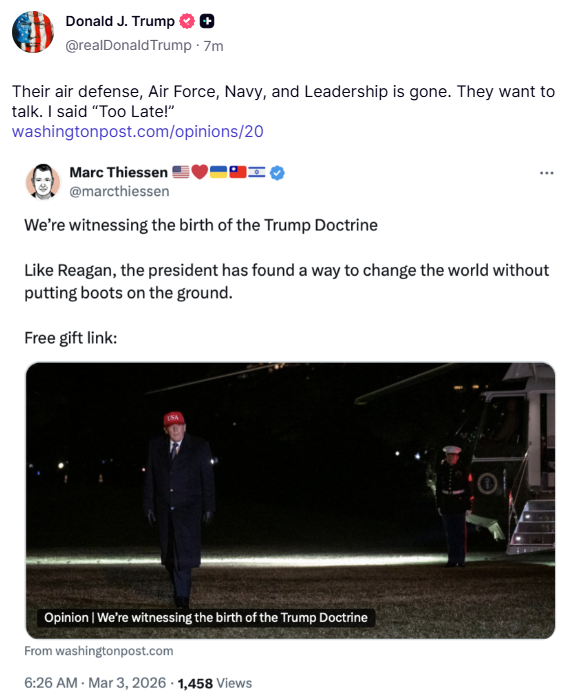 Ηχηρό μήνυμα Τραμπ για το Ιράν: «Είναι πολύ αργά για συζητήσεις»