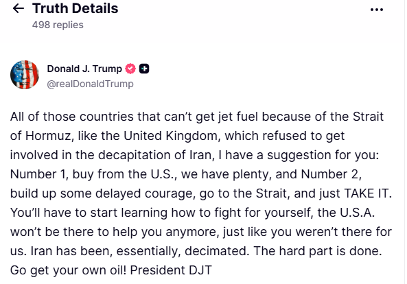 Τραμπ προς συμμάχους: Πηγαίνετε στα Στενά του Ορμούζ και πάρτε το πετρέλαιο μόνοι σας