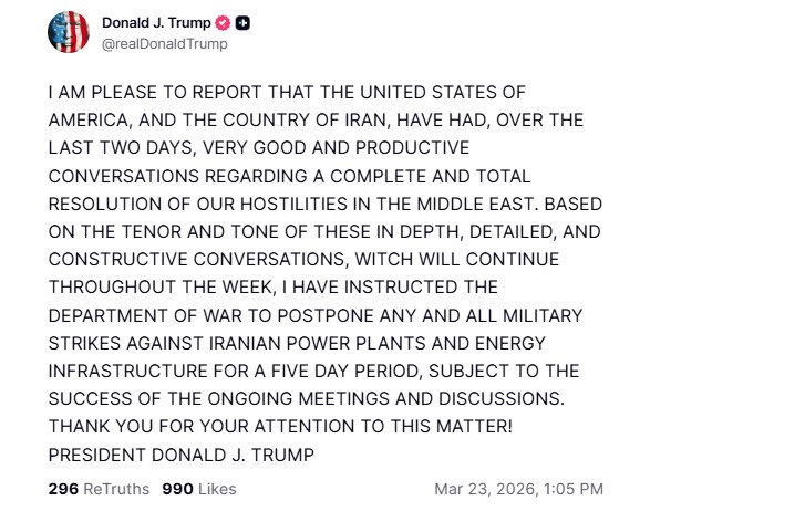 Ο Τραμπ παρέτεινε την προθεσμία προς το Ιράν για το άνοιγμα των Στενών του Ορμούζ κατά 5 ημέρες – Για υπαναχώρηση κάνει λόγο η Τεχεράνη