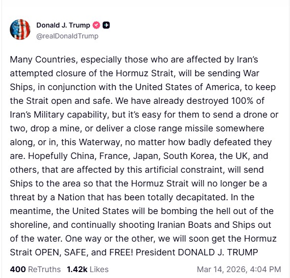 Ο Τραμπ προτρέπει χώρες να στείλουν πλοία για να ασφαλίσουν τα Στενά του Ορμούζ – «Οι ΗΠΑ θα βομβαρδίζουν ανελέητα την ακτογραμμή»