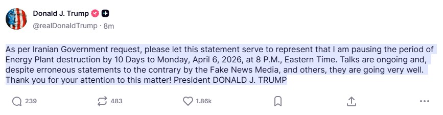 Τραμπ: Παράταση 10 ημερών στην Τεχεράνη για να ανοίξει τα Στενά του Ορμούζ – Οι ΗΠΑ αναβάλλουν τις επιθέσεις στους ενεργειακούς σταθμούς του Ιράν