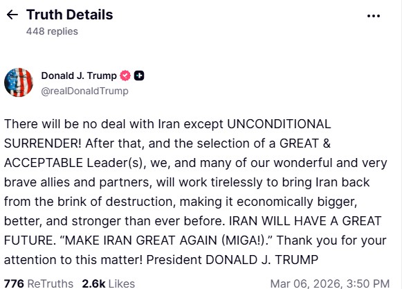 Τραμπ: Καμία συμφωνία με το Ιράν, εκτός αν παραδοθούν άνευ όρων