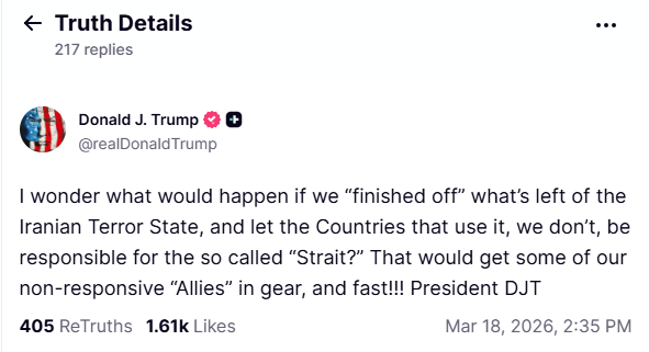 Σφοδρή κριτική Τραμπ στους συμμάχους των ΗΠΑ για τα Στενά του Ορμούζ