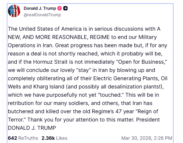 Τραμπ: Αν το Ιράν δεν ανοίξει τα Στενά του Ορμούζ, θα ανατινάξουμε τους σταθμούς ηλεκτρικής ενέργειας, τις πετρελαιοπηγές τους και το νησί Χαργκ