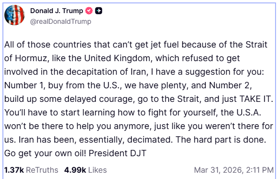 Τραμπ προς συμμάχους: Πηγαίνετε στα Στενά του Ορμούζ και πάρτε το πετρέλαιο μόνοι σας