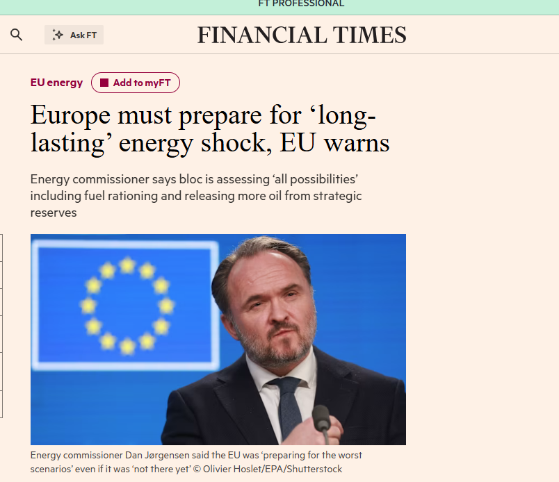 Επίτροπος Ενέργειας στην ΕΕ σε FT: Ανοιχτό και το ενδεχόμενο «δελτίου» στα καύσιμα – Η κατάσταση θα επιδεινωθεί ακόμα περισσότερο