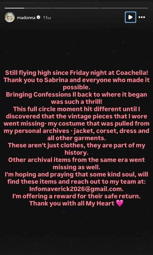 Η Madonna προσφέρει αμοιβή για το θρυλικό μωβ κοστούμι της που χάθηκε στο Coachella
