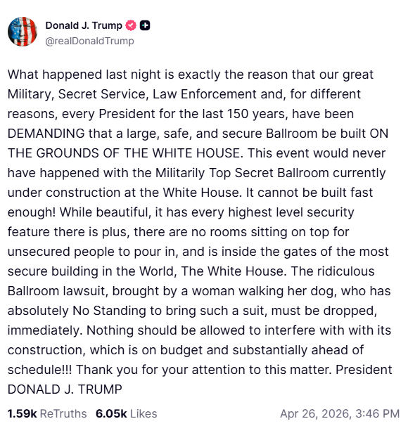 Τραμπ: «Το περιστατικό με τους πυροβολισμούς δεν θα είχε συμβεί αν ήταν έτοιμη η αίθουσα χορού»