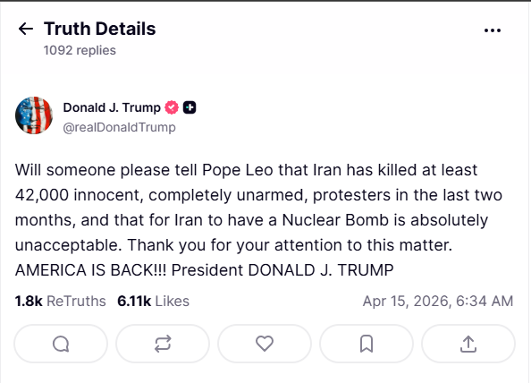 Τραμπ: Ενημερώστε τον Πάπα ότι είναι απαράδεκτο να έχει πυρηνική βόμβα το Ιράν