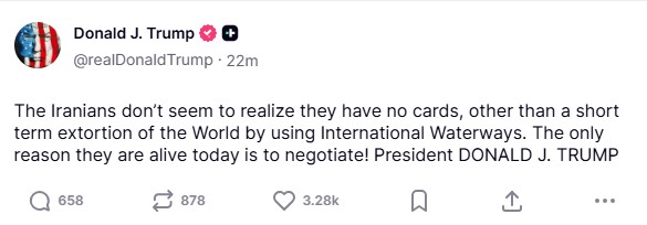 Νέο μήνυμα Τραμπ: Ο μόνος λόγος που είναι ζωντανοί οι Ιρανοί, είναι για να διαπραγματευτούν