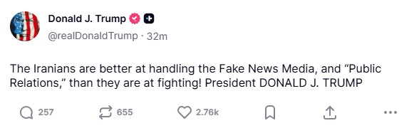 Νέο μήνυμα Τραμπ: Ο μόνος λόγος που είναι ζωντανοί οι Ιρανοί, είναι για να διαπραγματευτούν