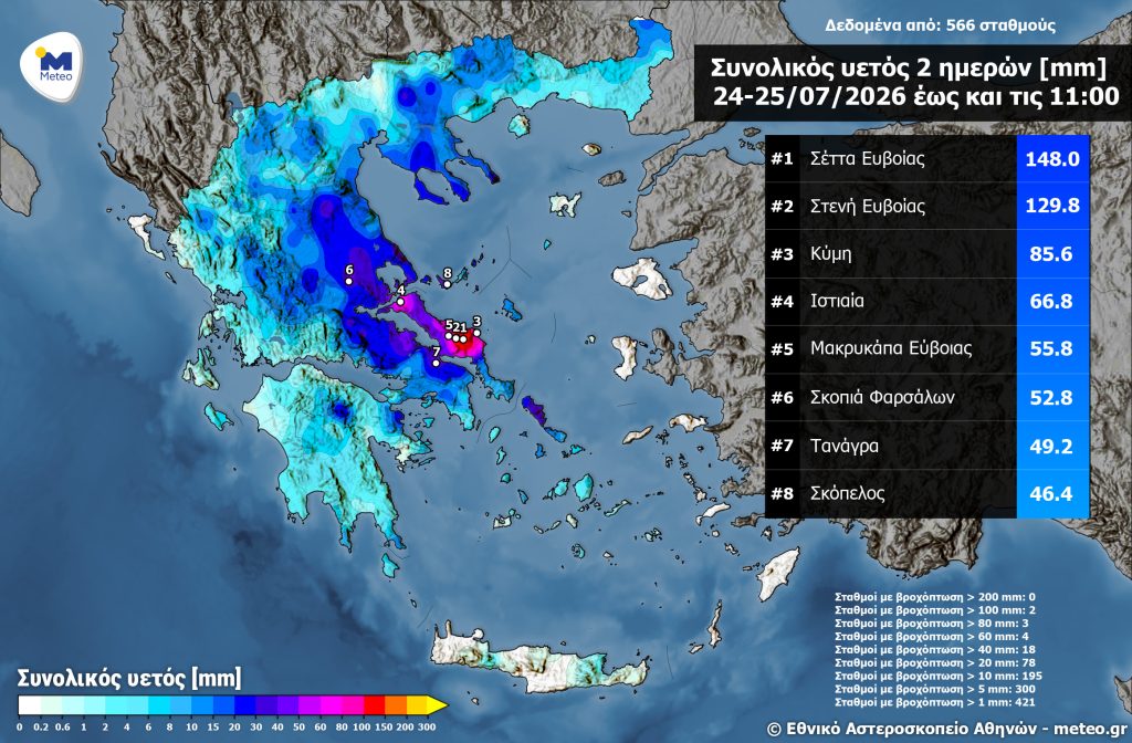Κακοκαιρία: Πού σημειώθηκαν τα μεγαλύτερα ύψη βροχής – Χάρτης με την ηλεκτρική δραστηριότητα στην Ελλάδα