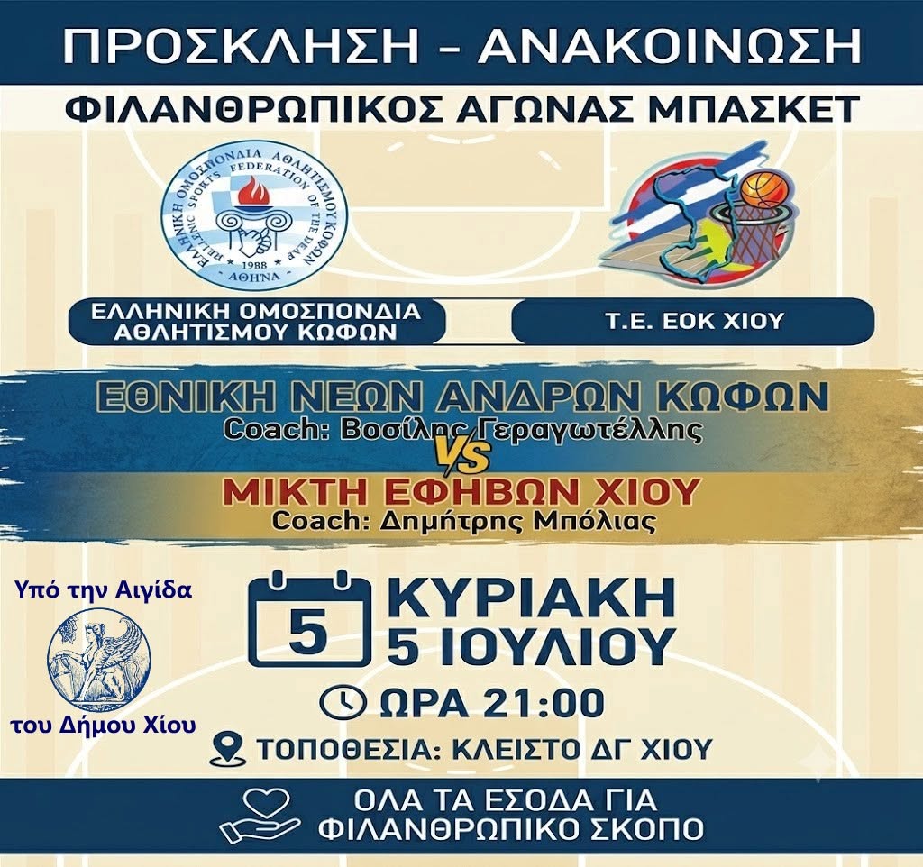 Στη Χίο η Εθνική Ομάδα Μπάσκετ Κωφών Νέων – Δίνει αγώνα για φιλανθρωπικό σκοπό