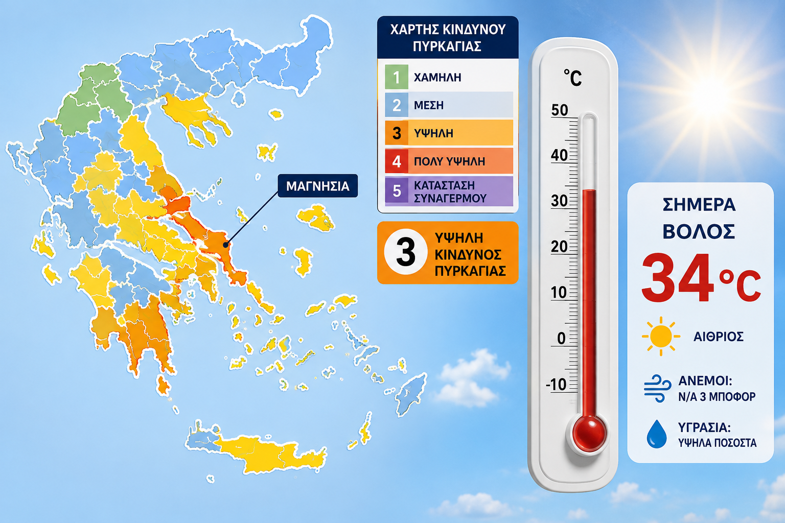Υψηλός κίνδυνος πυρκαγιάς και σήμερα στη Μαγνησία – Στους 34°C ο Βόλος