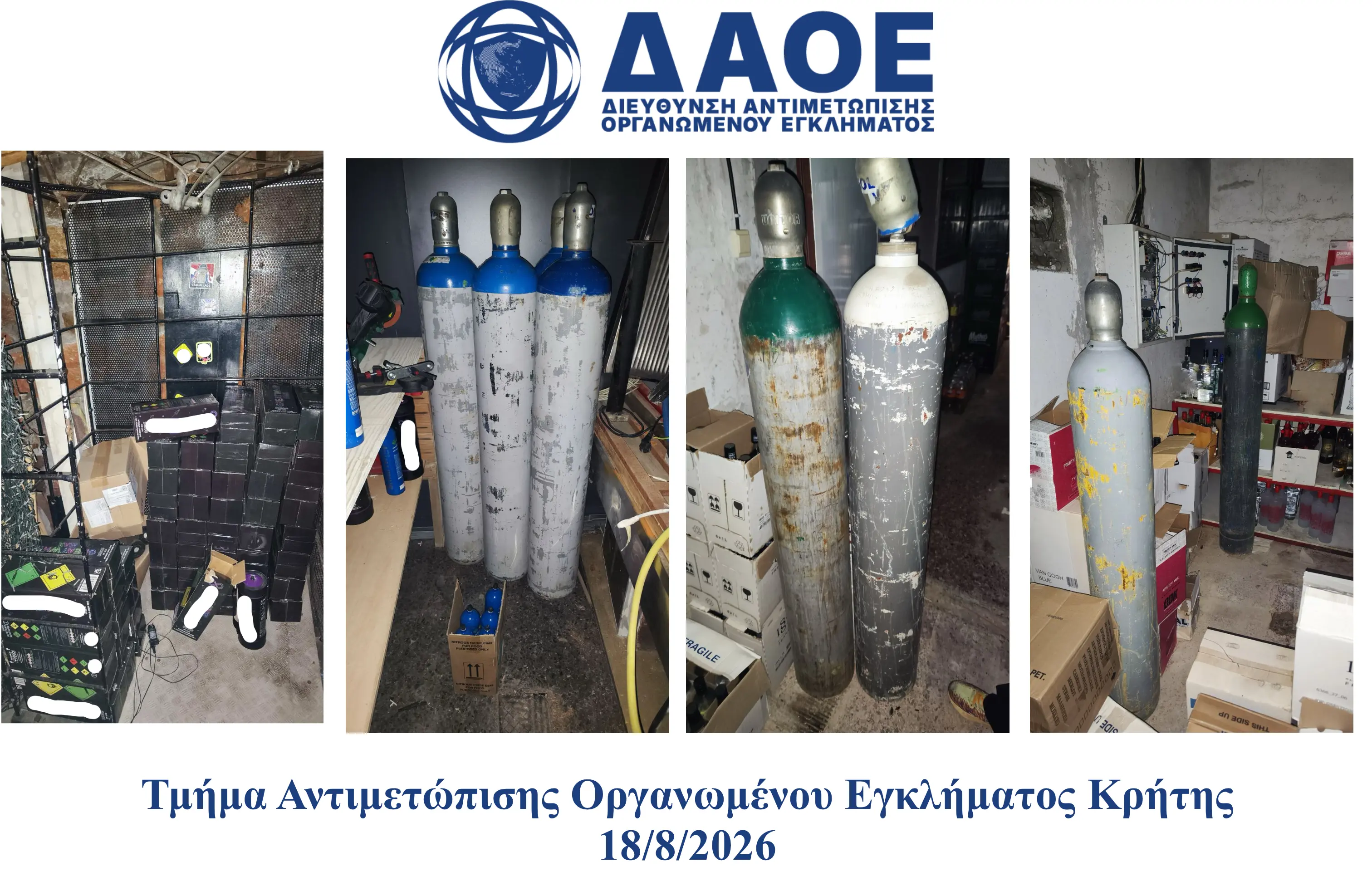 Ηράκλειο: Χίλια λίτρα παράνομου αλκοόλ και 130 φιάλες για την παρασκευή «αερίου γέλιου» – Συνελήφθη ένας άνδρας