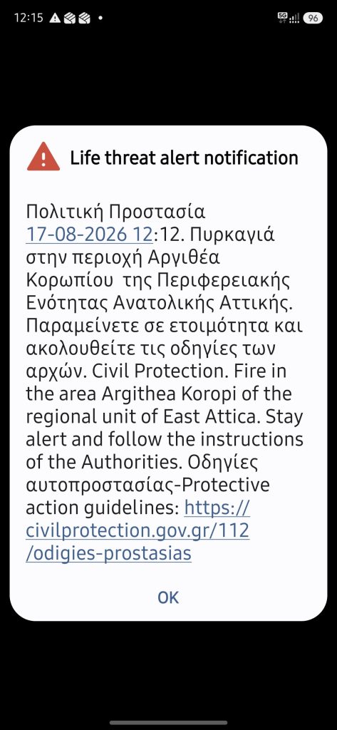 Πυρκαγιά στην περιοχή Αργιθέα Κορωπίου – Μήνυμα από το 112 «παραμείνετε σε ετοιμότητα»