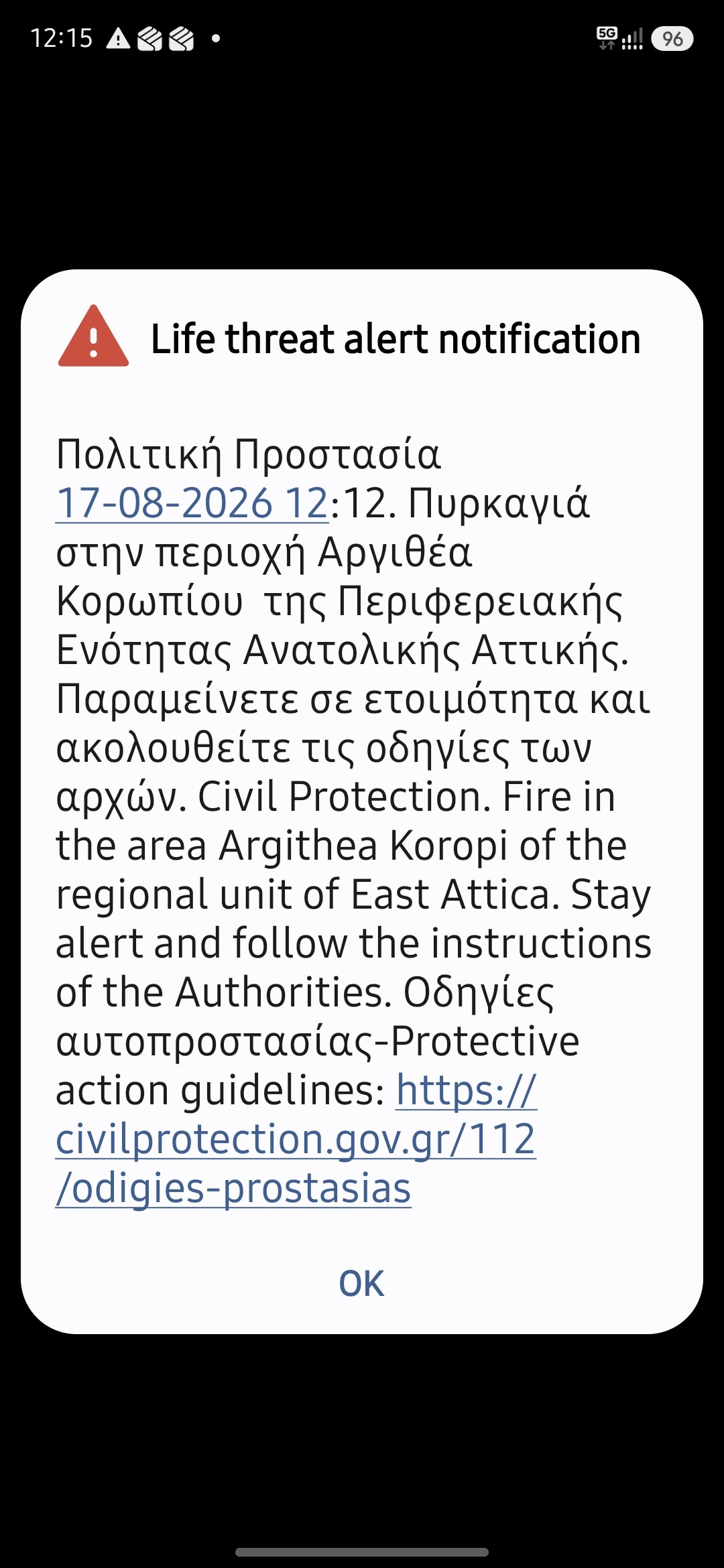 Πυρκαγιά στην περιοχή Αργιθέα Κορωπίου – Μήνυμα από το 112 «παραμείνετε σε ετοιμότητα»