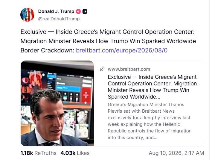 Η ανάρτηση Τραμπ για Πλεύρη: Στο επίκεντρο η μεταναστευτική πολιτική της Ελλάδας