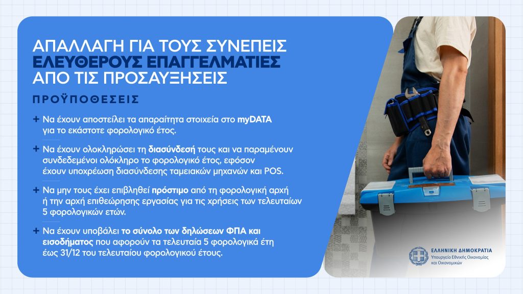 Η εξειδίκευση για απαλλαγή προσαυξήσεων σε ελεύθερους επαγγελματίες, κατάργηση τέλους επιτηδεύματος, μείωση προκαταβολής φόρου – Πίνακες και παραδείγματα
