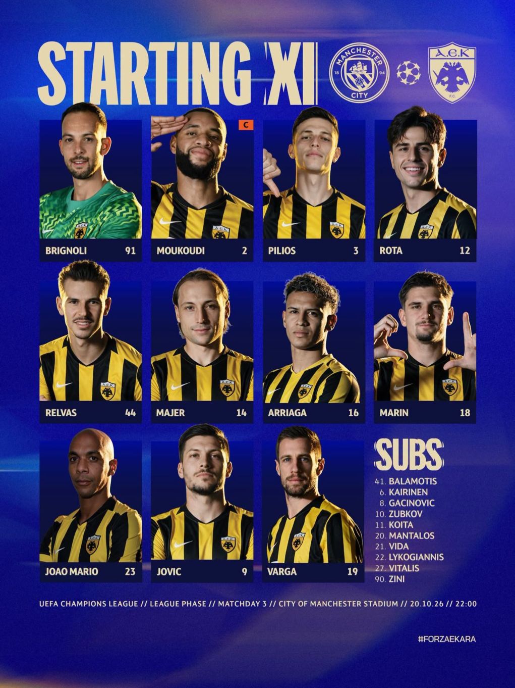 Champions League: Ξεκινούν Αριάγκα, Ζοάο Μάριο και Βάργκα με την ΑΕΚ κόντρα στην Μάντσεστερ Σίτι (22:00, ΕΡΑΣΠΟΡ)